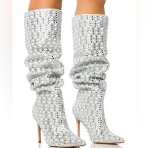 Azalea Wang Silver Pearl Rhinestone Embellished Knee High Boots